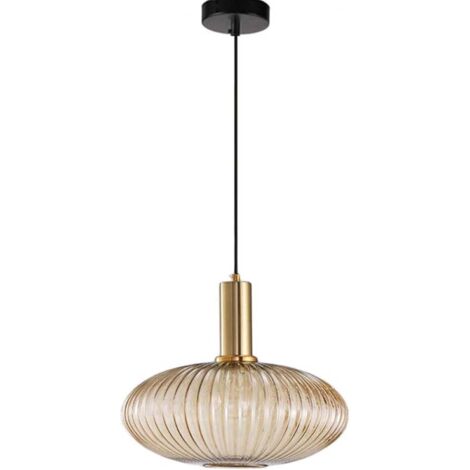 EKSED Lampada a sospensione in ottone con paralume in vetro a strisce verticali, interruttore rotante e cavo intrecciato dorato - Apparecchio per lampadario a soffitto sospeso