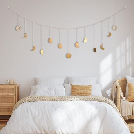 Mondphasen Girlande, Wanddeko Boho, Mond Girlande Aesthetic Room Wandbehang Decor Wohnzimmer, Schlafzimmer, Ramadan Boho Deko Girlande Gold 144cm 13 Monde, mit LED Lichterkette