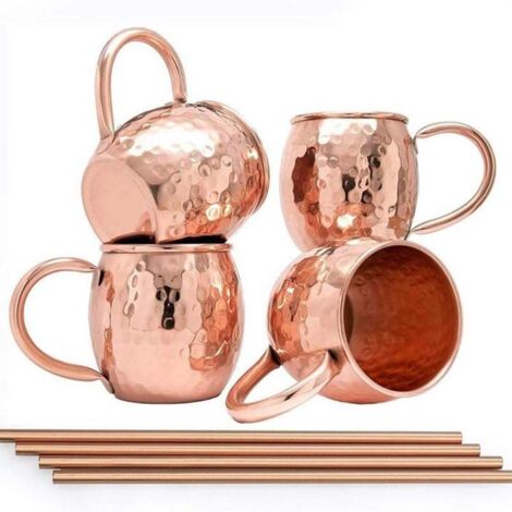 4 Stück Moscow Mule Kupfer Becher Set, 19.5 Oz Handgemacht Cocktail Tasse for Kaltes Getränk, Wein, Bar, Party