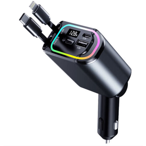 Einziehbares Ladegerät Auto 30W USB C Autoladegerät Zigarettenanzünder Schnellladegerät Adapter mit 90cm Ladekabel KFZ Handy Ladegerät RGB-Licht Kompatibel mit iPhone, Samsung, Google (Schwarz) (1/5)
