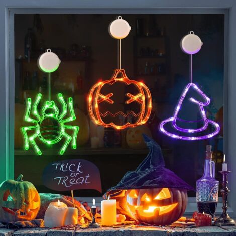 Halloween-Dekorationen, orangefarbener Kürbis, grüne Spinne und lila Hexenhut, Halloween-Fensterlichter mit Saugnapf, batteriebetriebene Innenbeleuchtung für Halloween-Fensterdekoration (1/5)