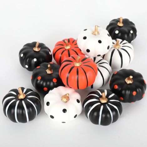 12 Stück Halloween-Kürbis-Dekor, weiß, schwarz, orange, künstliche Kürbisse, Punktstreifen, künstliche Kürbis-Ornamente für Urlaub, Zuhause, Party-Dekoration, Zubehör, 7,4 x 6,3 cm (1/5)