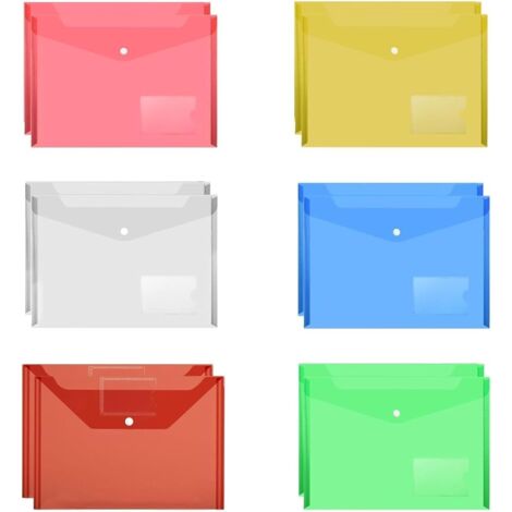 A4-Kunststoffhüllen in 6 verschiedenen Farben, 12 Stück, transparente Kunststoff-Ordner für Papiere, Druckknopf-Dokumentenhalter für Zuhause, Büro, Schule und Reisen (1/5)