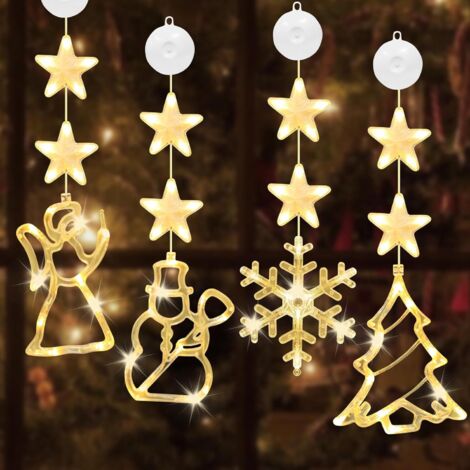 Weihnachtsbeleuchtung,4 LED Fensterdeko Weihnachten Saugnapf Weihnachten Lichter Schneeflocken, Schneemann,Engel Weihnachtsbaum Weihnachtlichen Lichterketten Warmweißes Licht Innen Außen Deko (1/5)