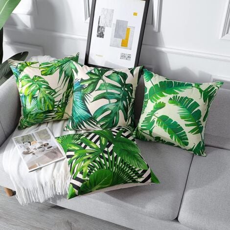 Outdoor Cushion Cover Set of 4 Waterproof Green Tropical Plant Pattern Sofa Pillowcase for Patio Garden