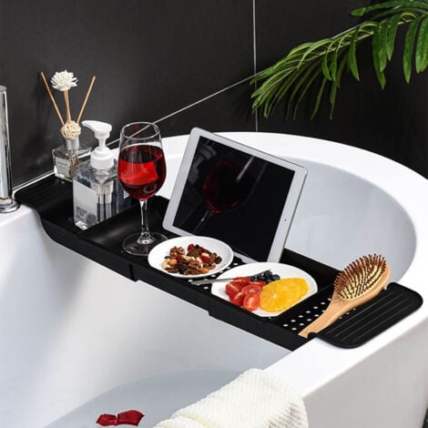 Plastic Extendable Fixed Bathtub Tray, Drainage Design, Black Bathroom Bathtub Table
