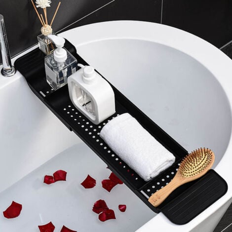Plastic Extendable Fixed Bathtub Tray, Drainage Design, Black Bathroom Bathtub Table