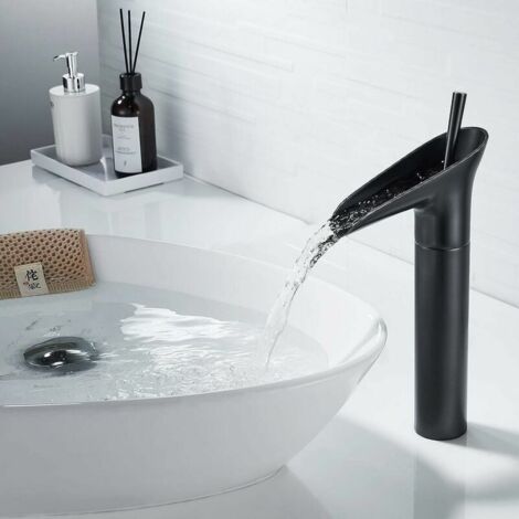 Black Bathroom Faucet, Waterfall Faucet Black Retro Single Lever Basin Mixer Tap Sink Faucet, Brass Countertop High Bathroom Faucet Hand Wash Faucet Sink Basin Faucet