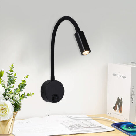 Simple modern LED wall light with switch, bedside indoor lighting, warm white light, creative, rotating wall light, round reading lamp (color : black)