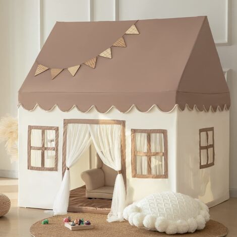 Small Land Play Tent with Cushions and LED Lights Kids Tent Children s Playhouse Toddler Indoor Bed Tent Neutral Color Playroom Furniture