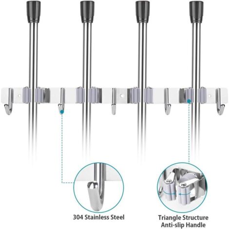 Stainless Steel Broom Holder Control Bar Wall Mounted Appliance Hanger with 4 Slots and 5 Hooks for Home Kitchen Bathroom Garage Garden