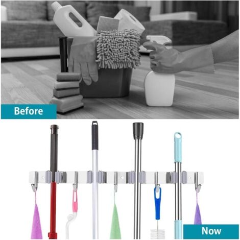 Stainless Steel Broom Holder Control Bar Wall Mounted Appliance Hanger with 4 Slots and 5 Hooks for Home Kitchen Bathroom Garage Garden