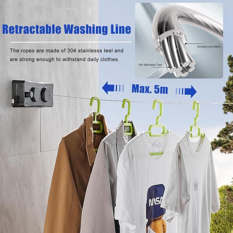HOMEE 304 Stainless Steel Retractable Clothes Line, Heavy Duty Clothesline With Adjustable Steel Rope For Indoor Outdoor 9 2 Ft