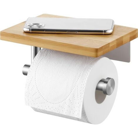 Toilet Paper Holder (Brushed) with Bamboo Shelf Wall Mounted Toilet Paper Holder for Bathroom Stainless Steel
