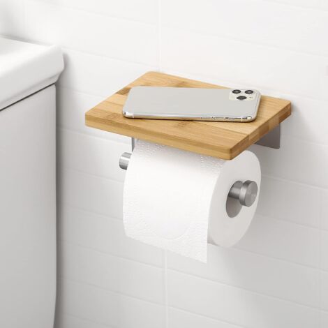 Toilet Paper Holder (Brushed) with Bamboo Shelf Wall Mounted Toilet Paper Holder for Bathroom Stainless Steel