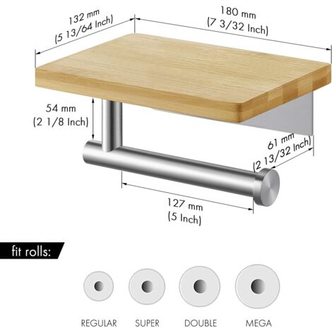 Toilet Paper Holder (Brushed) with Bamboo Shelf Wall Mounted Toilet Paper Holder for Bathroom Stainless Steel