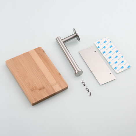 Toilet Paper Holder (Brushed) with Bamboo Shelf Wall Mounted Toilet Paper Holder for Bathroom Stainless Steel