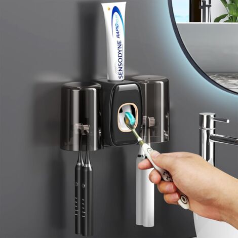 Cup Toothbrush Holder (Black), Wall Mounted Toothpaste Dispenser with Toothbrush Holder, Automatic Toothpaste Squeezer