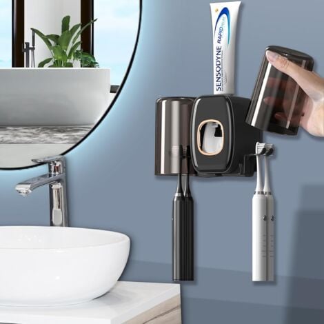 Cup Toothbrush Holder (Black), Wall Mounted Toothpaste Dispenser with Toothbrush Holder, Automatic Toothpaste Squeezer