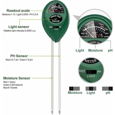 3 in 1 Soil Tester, Soil PH Tester, Soil Moisture Meter, Soil Light Intensity Tester, 3 in 1 Soil Tester for Garden and Agriculture (No Battery Required)