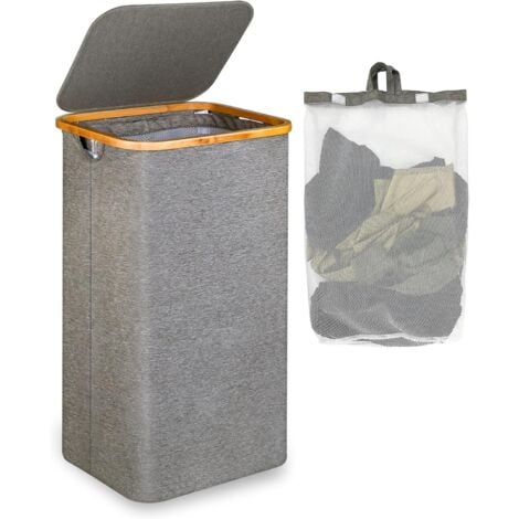 110 liter laundry basket with mesh bag and lid (gray), bamboo handle, XXL foldable laundry basket
