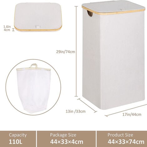 110 liter laundry basket with mesh bag and lid (gray), bamboo handle, XXL foldable laundry basket
