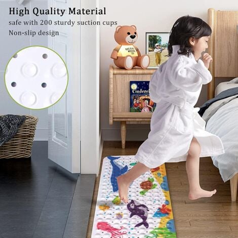 Non-Slip Bath Mat, 100 x 40 cm Non-Slip Bath Mat, with 200 Suction Cups PVC Material, Shower Mat with Cartoon Marine Animals for Kids and Baby The Whale