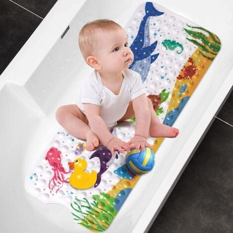 Non-Slip Bath Mat, 100 x 40 cm Non-Slip Bath Mat, with 200 Suction Cups PVC Material, Shower Mat with Cartoon Marine Animals for Kids and Baby The Whale