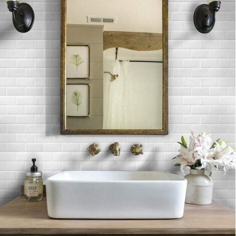 White Self Adhesive Tile Wallpaper 30 x 30 cm Mosaic Style Wall Sticker Waterproof Decorative Film for Bathroom and Kitchen Wall Tiles