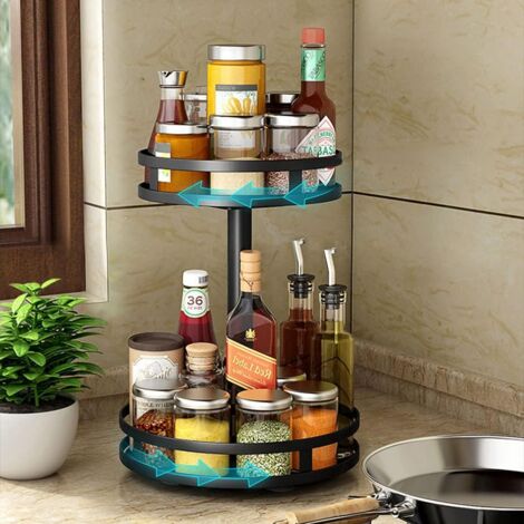 (Round, 2 Tiers) 360 Degree Rotating Spice Rack Great Storage Spice Rack Easy to Assemble, Versatile Black Stainless Steel Rotating Countertop Organizer