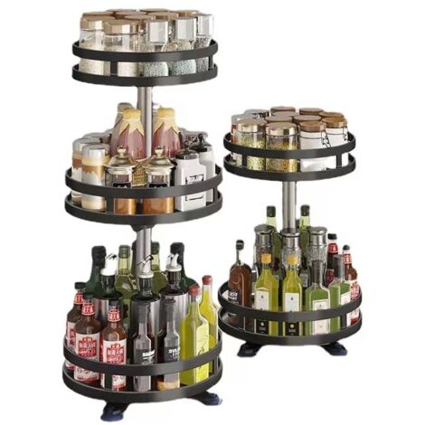 (Round, 2 Tiers) 360 Degree Rotating Spice Rack Great Storage Spice Rack Easy to Assemble, Versatile Black Stainless Steel Rotating Countertop Organizer