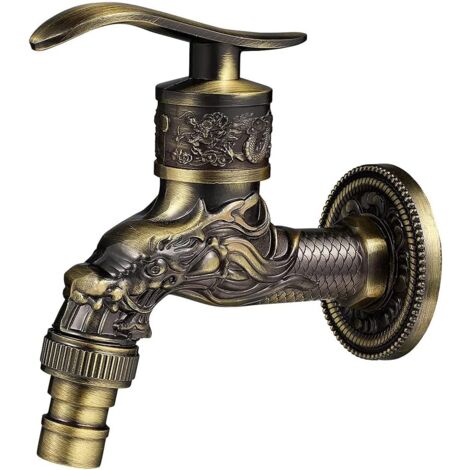 Retro Brass Wall Mounted Faucet, Outdoor Garden Faucet G1/2", Antique Brass Faucet, Vintage Wall Mounted Faucet, Antique Copper Dragon Carved Faucet for Kitchen Bath Garden