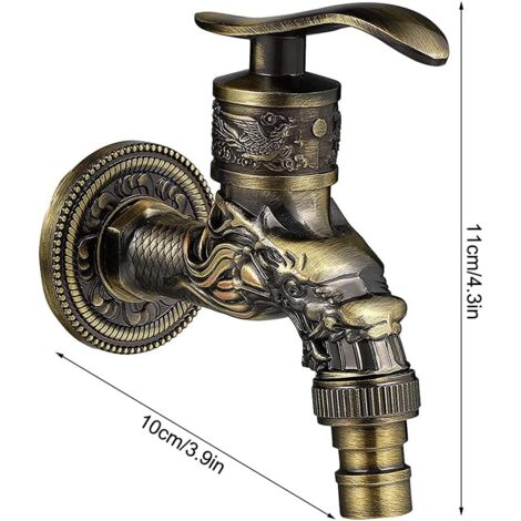 Retro Brass Wall Mounted Faucet, Outdoor Garden Faucet G1/2", Antique Brass Faucet, Vintage Wall Mounted Faucet, Antique Copper Dragon Carved Faucet for Kitchen Bath Garden