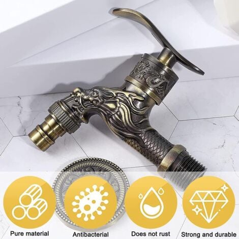 Retro Brass Wall Mounted Faucet, Outdoor Garden Faucet G1/2", Antique Brass Faucet, Vintage Wall Mounted Faucet, Antique Copper Dragon Carved Faucet for Kitchen Bath Garden