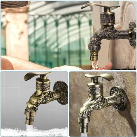 Retro Brass Wall Mounted Faucet, Outdoor Garden Faucet G1/2", Antique Brass Faucet, Vintage Wall Mounted Faucet, Antique Copper Dragon Carved Faucet for Kitchen Bath Garden