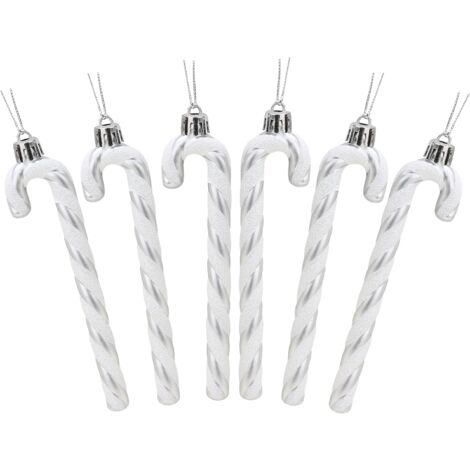 6 Pcs Christmas Concepts Pack of 6-13cm (Silver and White) Candy Cane Glitter Christmas Tree Decorations (1/5)