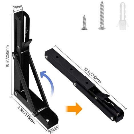 2 Pieces Black Bracket - 250mm Stainless Steel Folding Shelf Bracket Folding Console Bracket for Wall Shelf Load Bearing 80kg