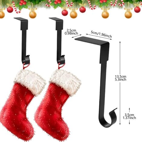 4 Pack Christmas Stocking Holders (Black), Metal Hooks for Hanging Christmas Stockings, Fireplace Stocking Holders for Christmas Decorations