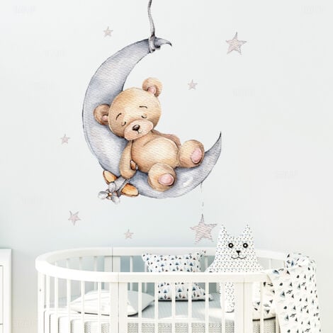 Bear Shape Wall Stickers On Clouds Moon Star Hot Air Balloon Wall