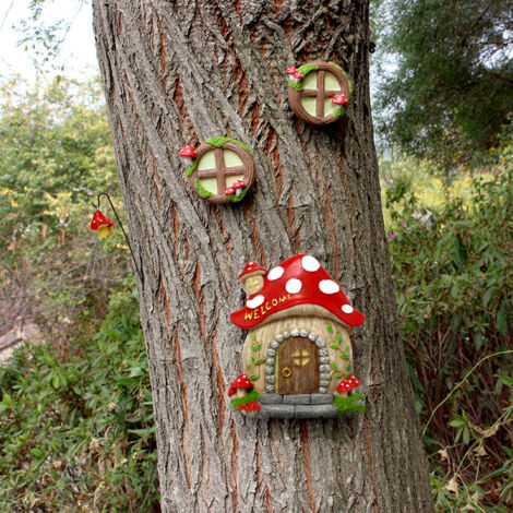 Miniature House Window and Door with Glow in the Dark Litter Lamp Fairy Sleeping Door and Window Garden Yard Sculpture for Garden Yard Tree Decoration (Mushroom)