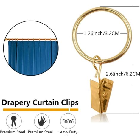 40 Pack Metal Curtain Rings With Clips - Golden, 1.26 Inch Inner Diameter For Drapes & Curtains