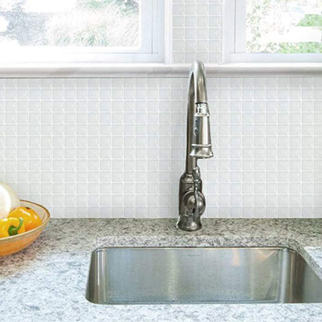 Self Adhesive Tile Wallpaper Small White Plaid 24 x 24 cm Mosaic Style Wall Sticker Waterproof Decorative Film for Bathroom and Kitchen Wall Tiles