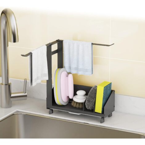 26 x 21 x 8.5 cm Sink Sponge Holder, Suction Cup Sponge Holder, Sink Storage with Towel Rack, Removable Tray, Adhesive & Countertop, Stainless Steel Sponge Holder, Rustproof