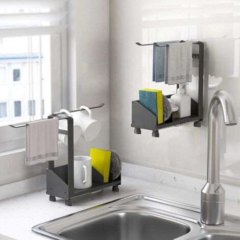 26 x 21 x 8.5 cm Sink Sponge Holder, Suction Cup Sponge Holder, Sink Storage with Towel Rack, Removable Tray, Adhesive & Countertop, Stainless Steel Sponge Holder, Rustproof