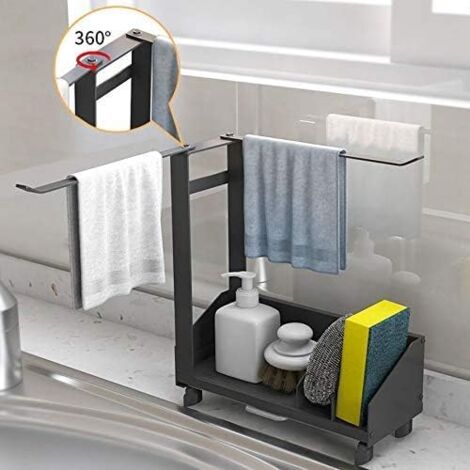 26 x 21 x 8.5 cm Sink Sponge Holder, Suction Cup Sponge Holder, Sink Storage with Towel Rack, Removable Tray, Adhesive & Countertop, Stainless Steel Sponge Holder, Rustproof
