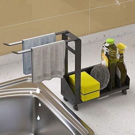 26 x 21 x 8.5 cm Sink Sponge Holder, Suction Cup Sponge Holder, Sink Storage with Towel Rack, Removable Tray, Adhesive & Countertop, Stainless Steel Sponge Holder, Rustproof
