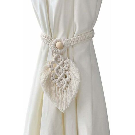 Set of 2 Handmade Bohemian Curtain Tie Backs - Handwoven Cotton Curtain Tiebacks - Off White
