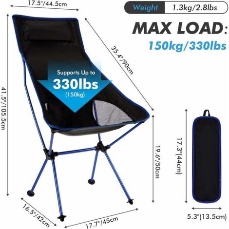 Lightweight Folding Camping Chair High Back Portable Compact with Headrest, Double Sided Pocket and Carry Bag for Camping, Fishing, Hiking, Outdoor Picnic - Blue