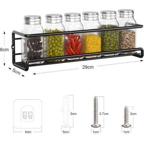 Kitchen Spice Rack, No Drilling Metal Spice Rack, Wall Mounted Kitchen Spice Rack, Spice Holder for Spice Jars Kitchen Pantry Cupboard Accessory, 29x6x6cm (Black, 2 Pieces)