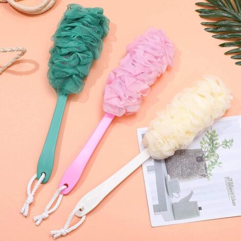 3 Pcs Bath Brush with Sponge and Long Handle Plastic Rubber Back Mesh Sponge Bath Accessories for Men Women (Pink, White, Blue)